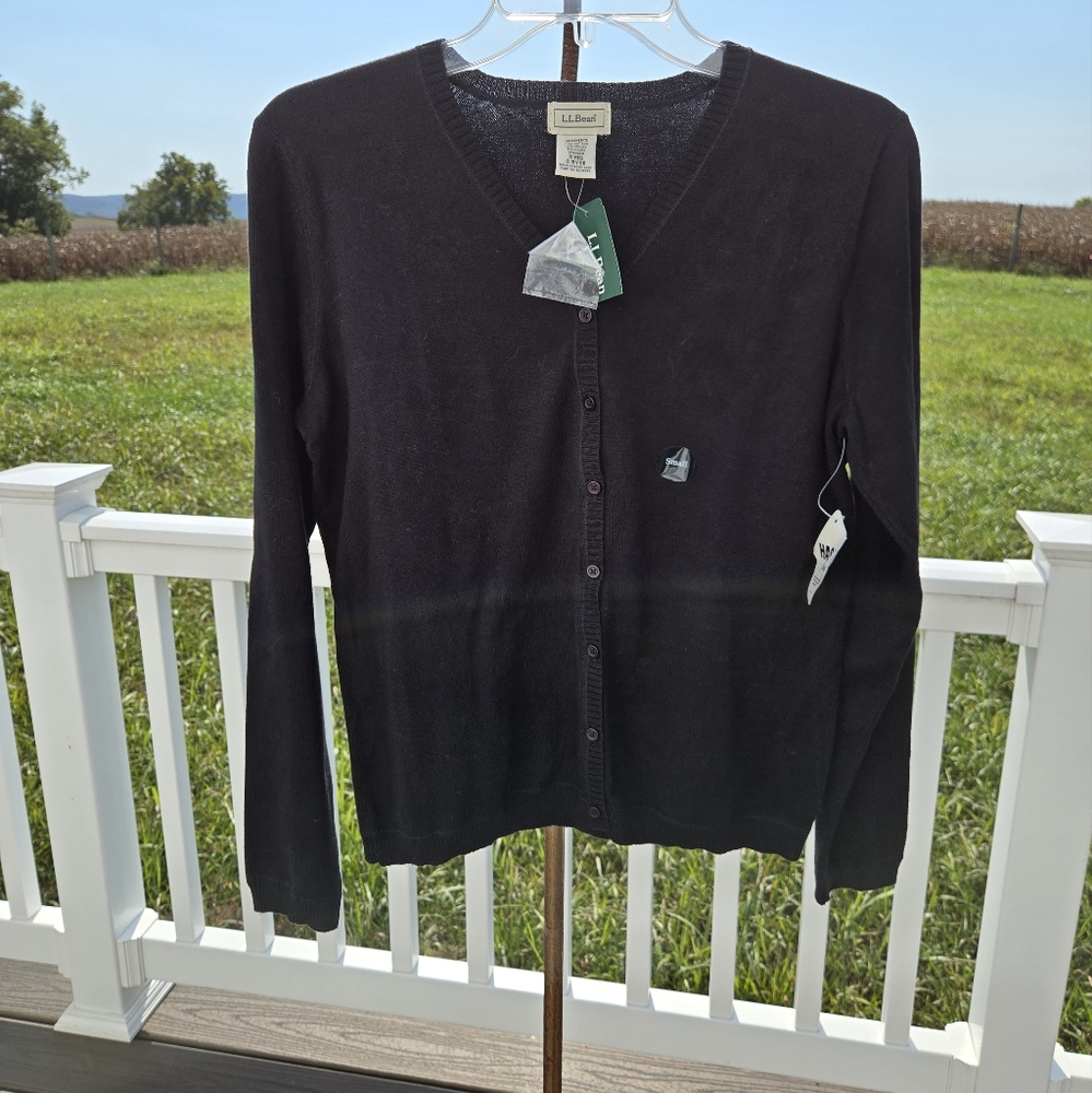 Brand New L.L. Bean Black V-Neck Cotton Cardigan Size Small